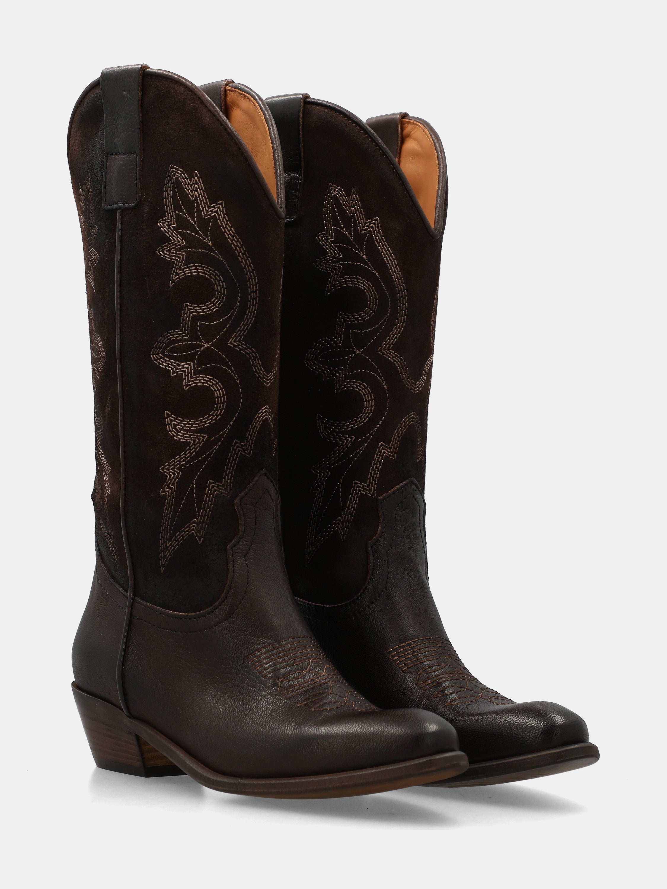 Western boots ankle boots in calfskin and embroidered dark brown suede