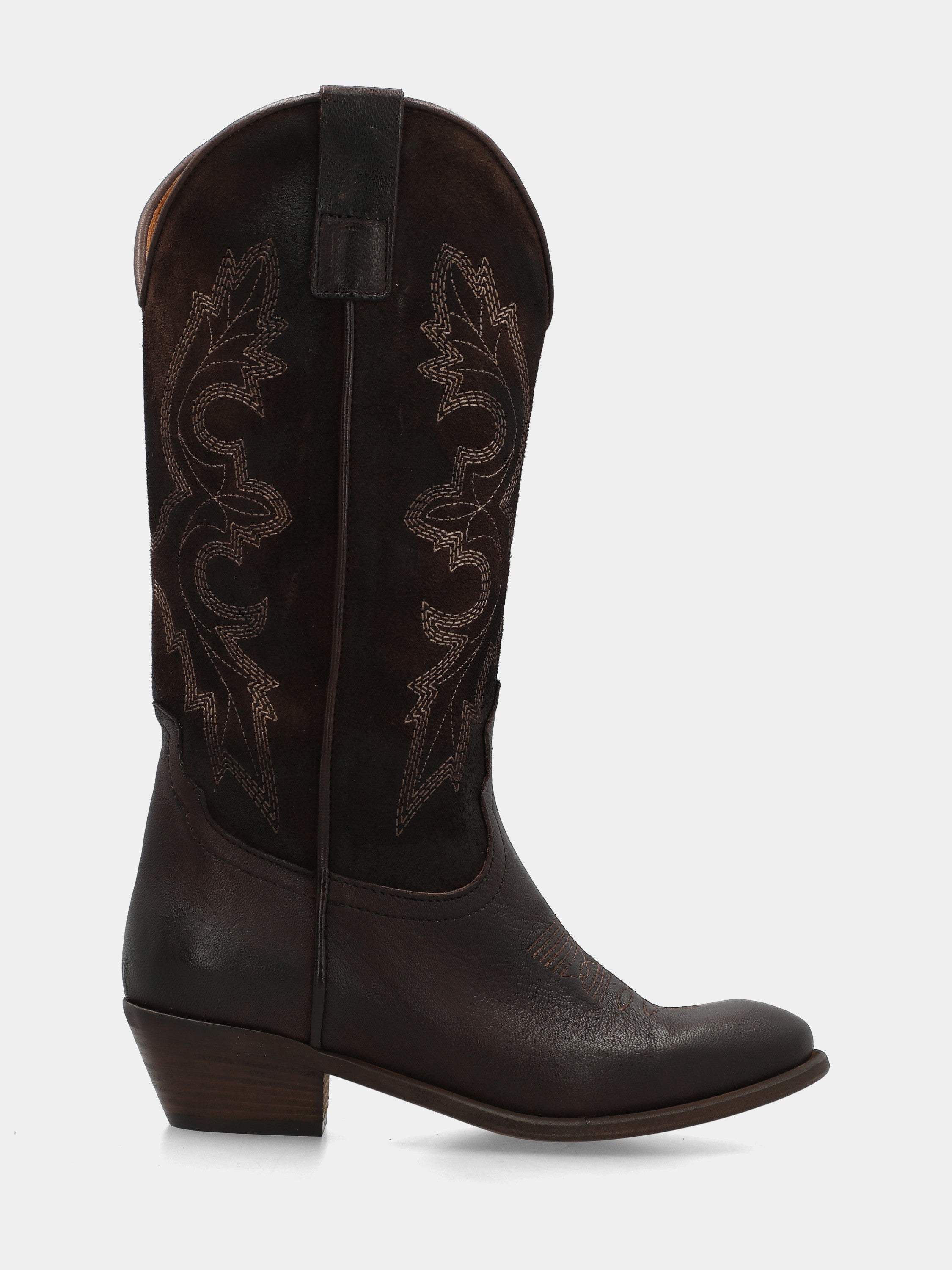 Western boots ankle boots in calfskin and embroidered dark brown suede