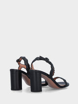 Sandalo con tacco nero in pelle con fasce ondulate