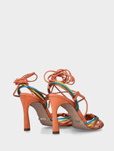 Sandalo con tacco arancione in pelle con listini multicolor e lacci alla caviglia