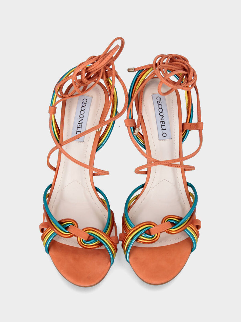 Sandalo con tacco arancione in pelle con listini multicolor e lacci alla caviglia