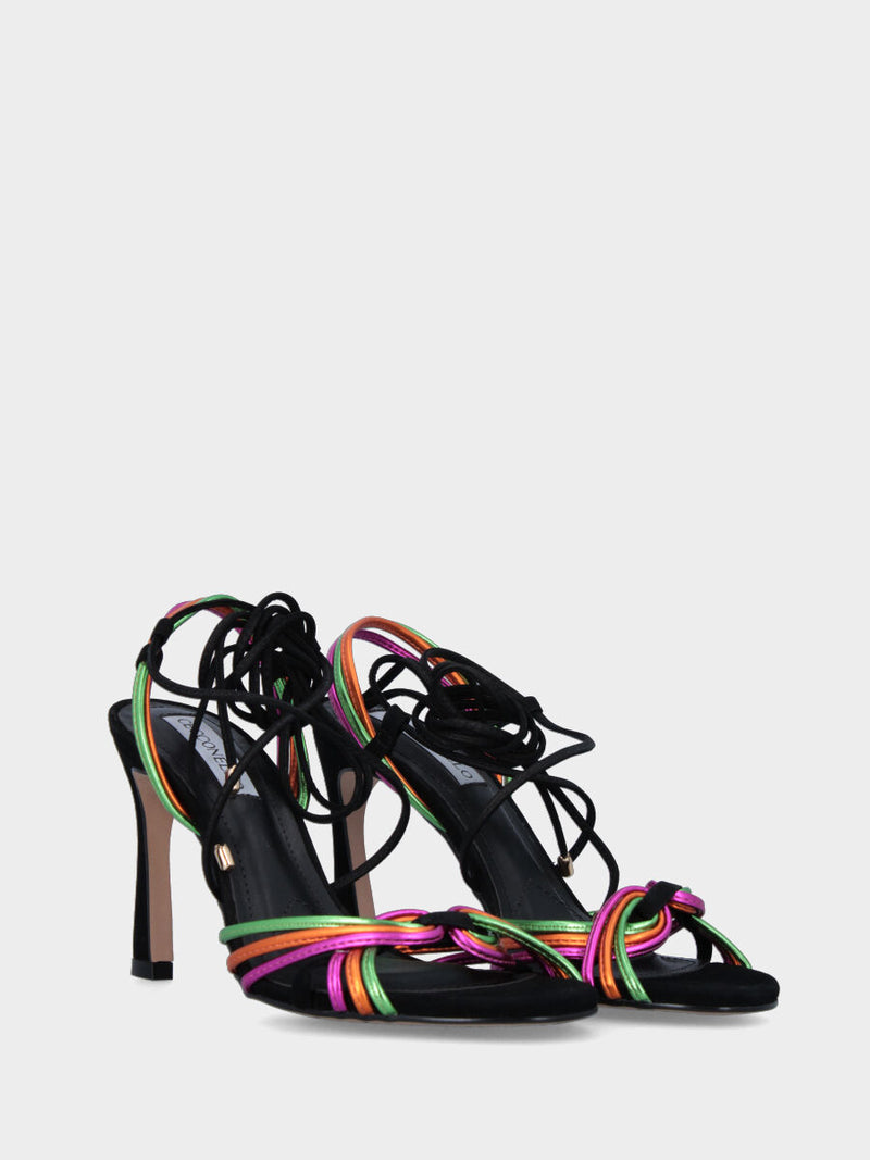 Sandalo con tacco nero in pelle con listini multicolor e lacci alla caviglia
