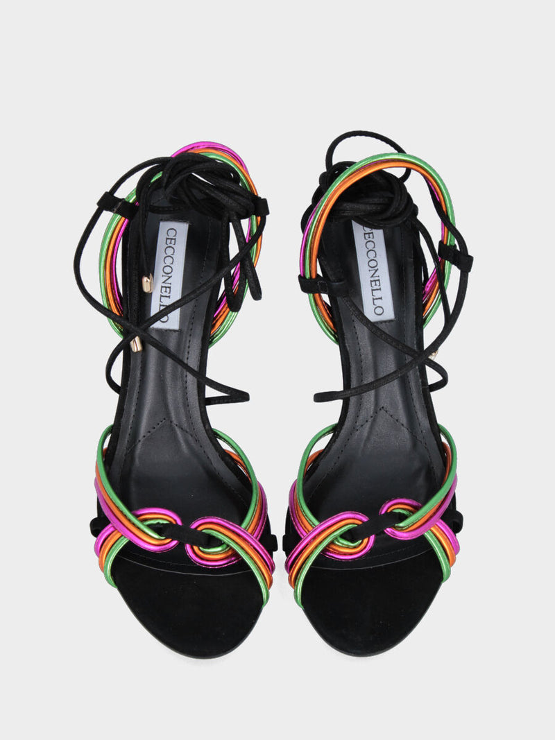 Sandalo con tacco nero in pelle con listini multicolor e lacci alla caviglia