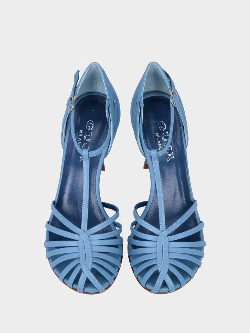 Sandalo blu in pelle con listini modello charleston
