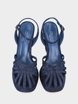 Sandalo blu navy in pelle con listini e plateau