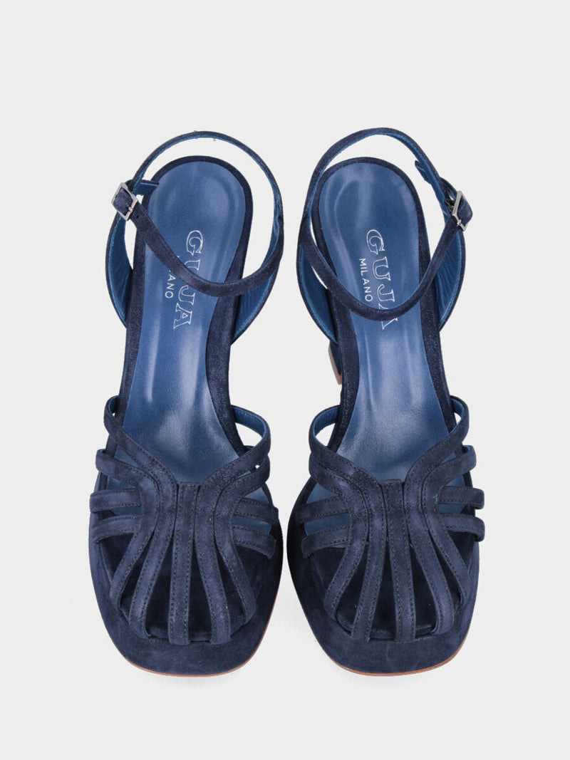 Sandalo blu navy in pelle con listini e plateau