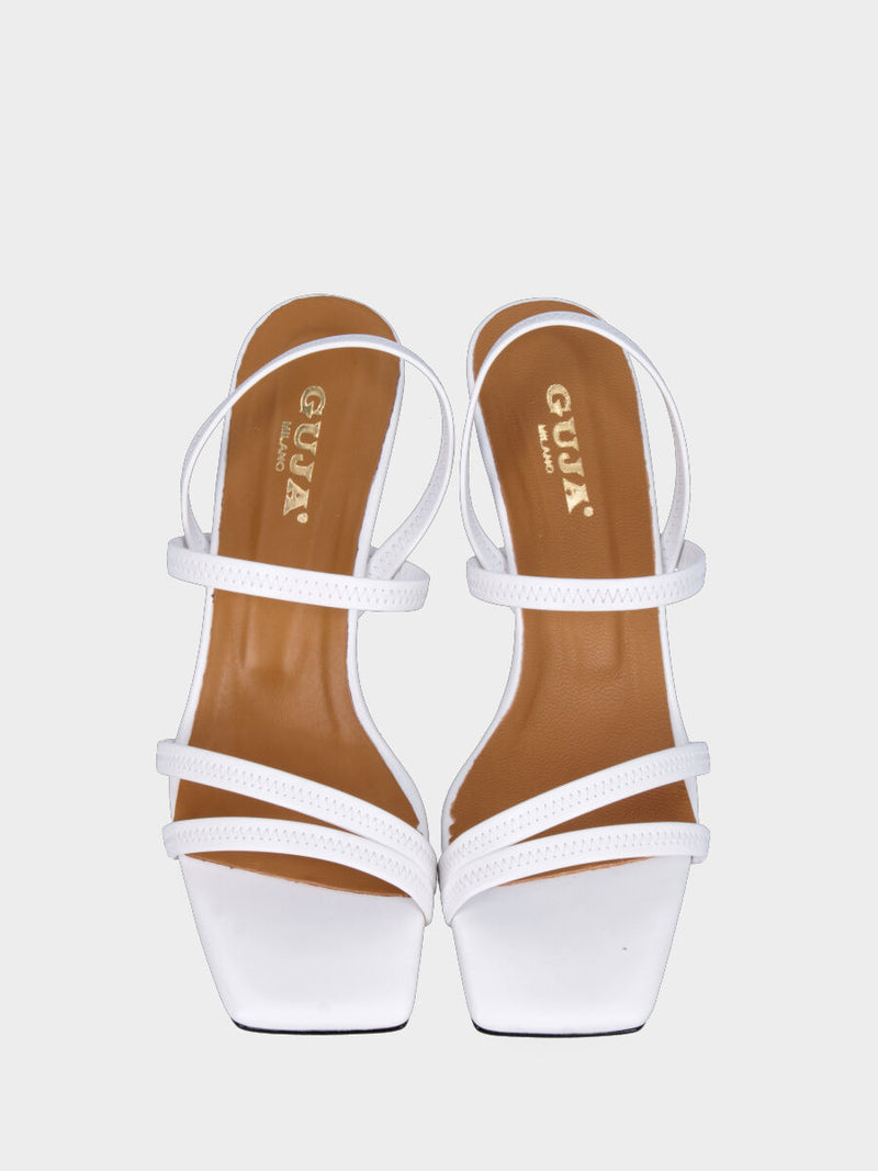 Sandalo bianco in pelle con listini con cucitura a zig zag