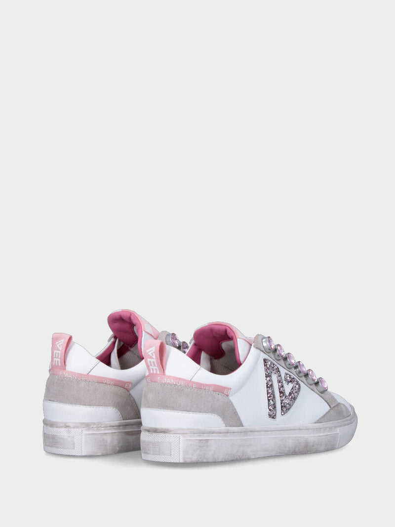 Sneaker rosa in pelle con bottoni con cristalli