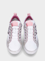 Sneaker rosa in pelle con bottoni con cristalli
