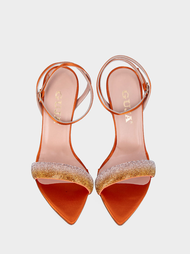 Sandalo arancione in tessuto con fascia di cristalli