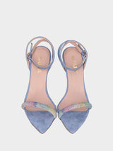 Sandalo azzurro in pelle con fascetta di cristalli arcobaleno