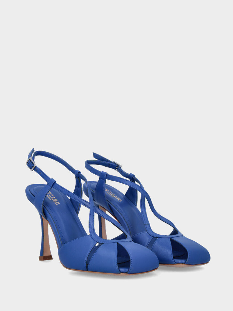 Sandalo blu in pelle con fasce geometriche