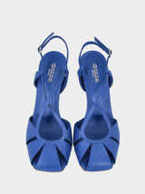 Sandalo blu in pelle con fasce geometriche