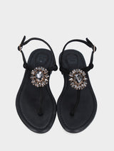 Sandalo nero in pelle con accessorio di cristalli