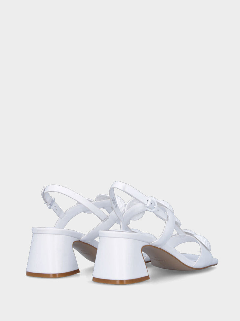 Sandalo con tacco bianco in pelle con bottoni tondi