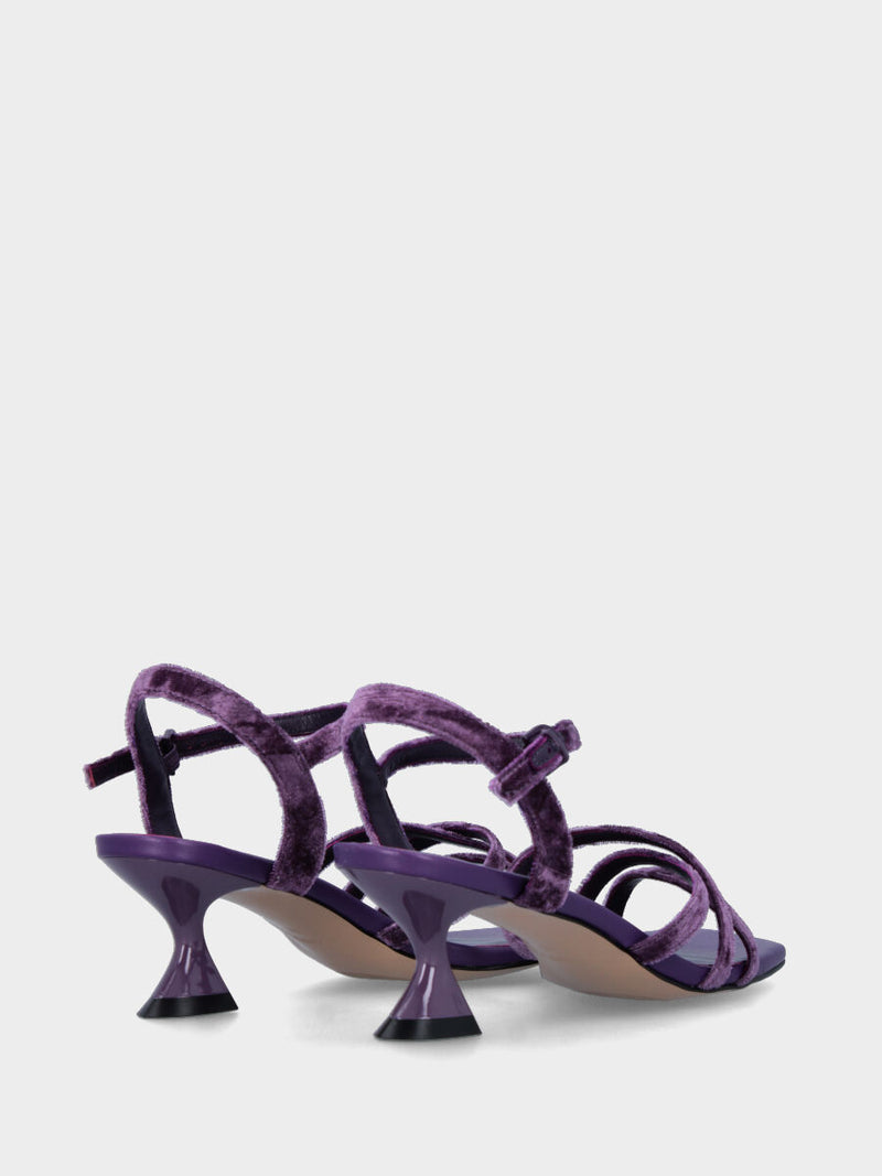 Sandalo con tacco viola con listini in velluto