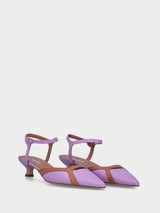 Décolletté bicolore viola in pelle modello slingback con cinturino alla caviglia