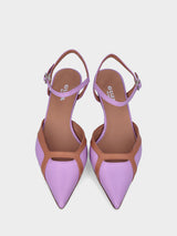 Décolletté bicolore viola in pelle modello slingback con cinturino alla caviglia
