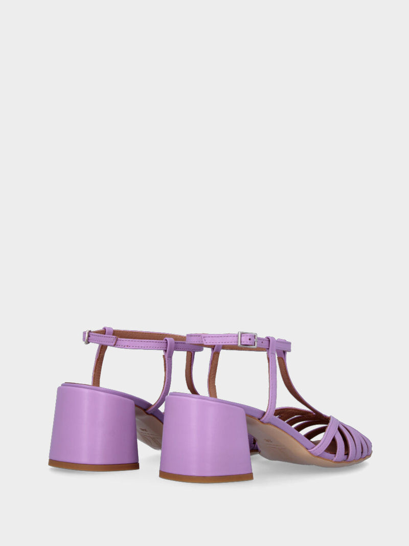 Sandalo con tacco lilla in pelle con listini modello charleston