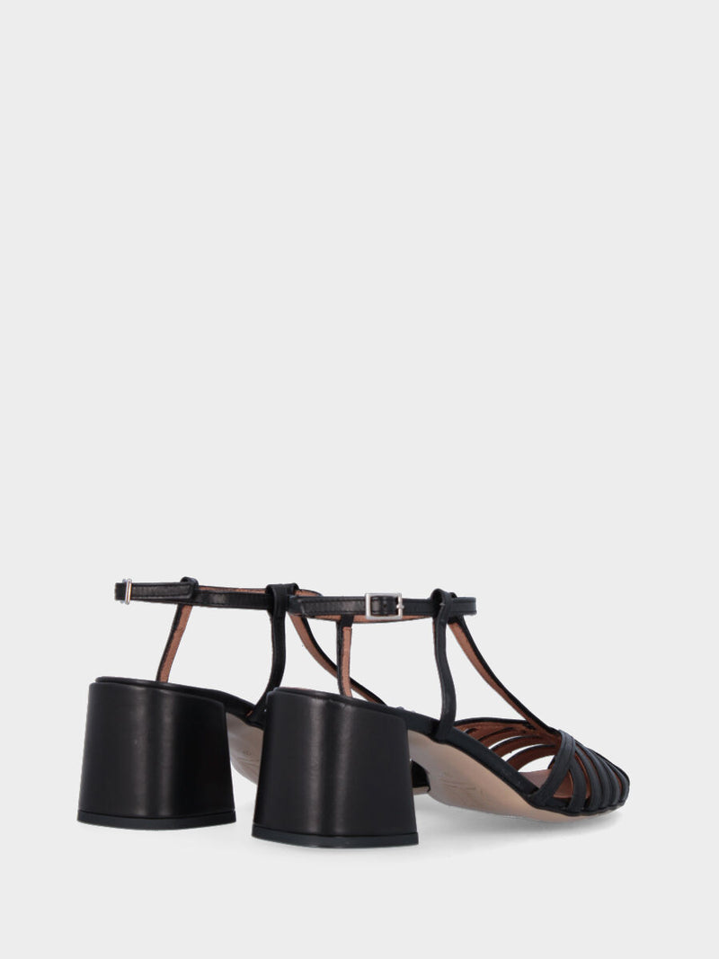 Sandalo con tacco nero in pelle con listini modello charleston