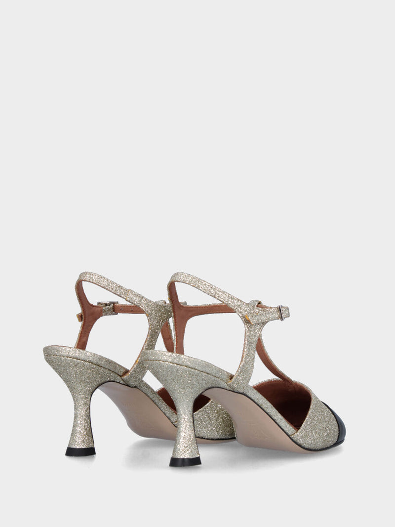 Sandalo con tacco bicolore glitter con cinturino modello charleston