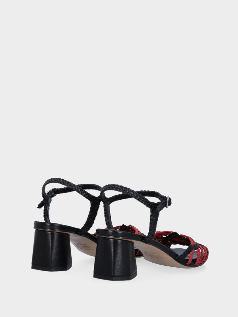 Sandalo nero in pelle con listini intrecciati rossi