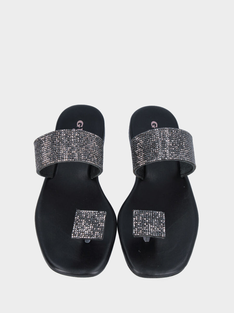Sandalo ad infradito nero in pelle con fascia e bottone con cristalli