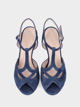 Sandalo blu in pelle modello charleston con fasce incrociate