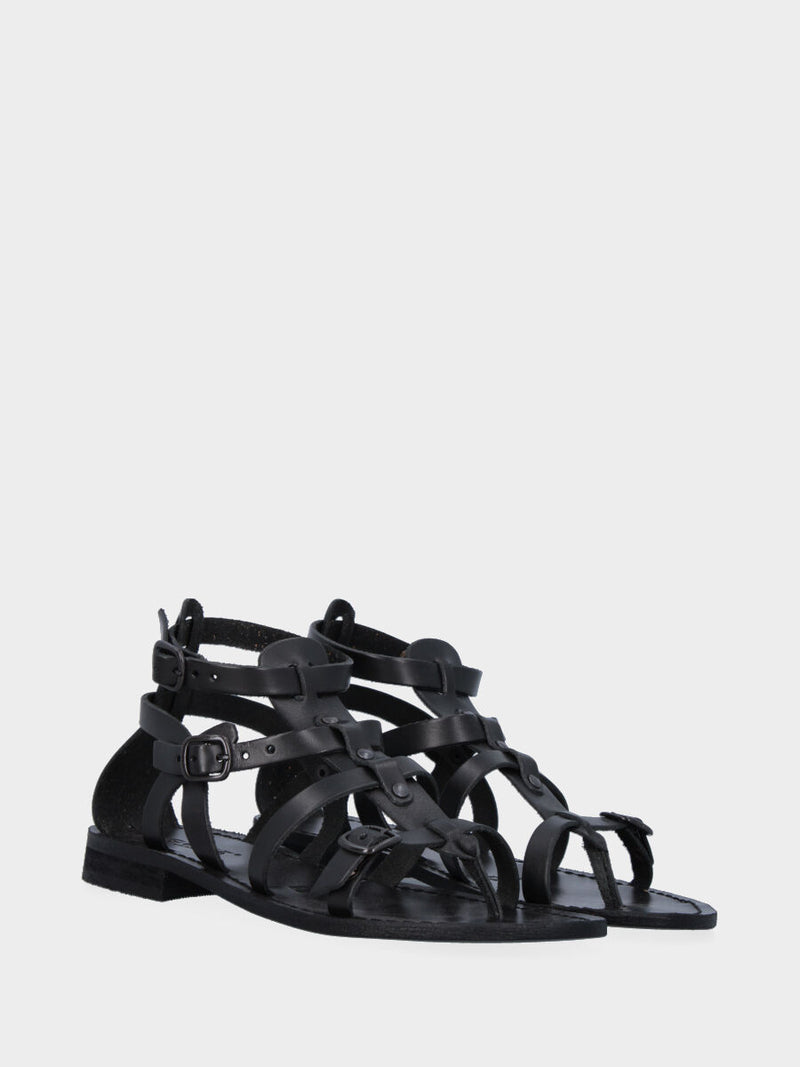 Sandalo ad infradito nero in pelle con fascette con fibbie
