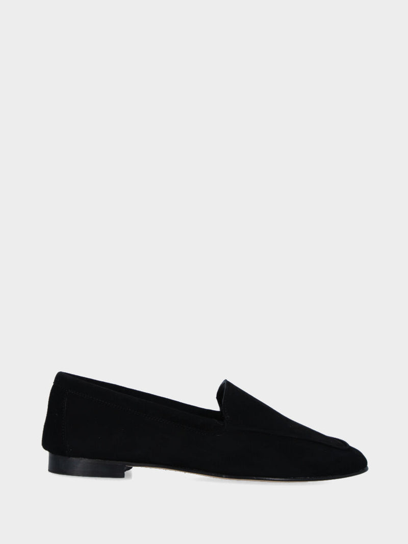 Pantofolina nera in camoscio a punta quadrata con profilo a rilievo