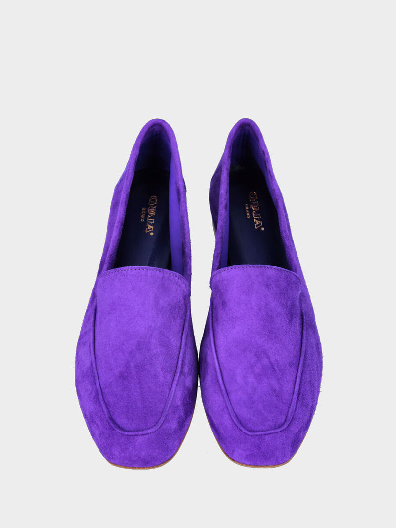 Pantofolina viola in camoscio a punta quadrata con profilo a rilievo